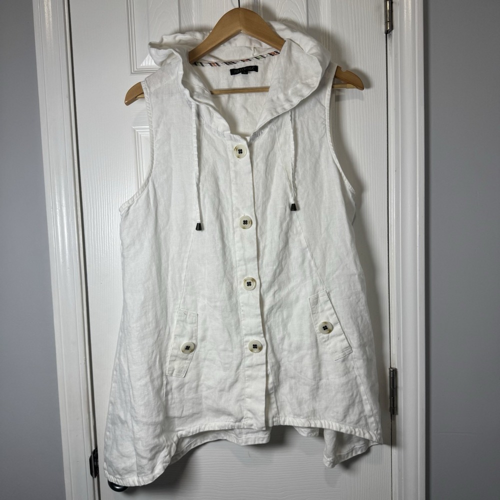 For Cynthia White 100% Linen Sleeveless Hooded Button-Up Tunic Top Large